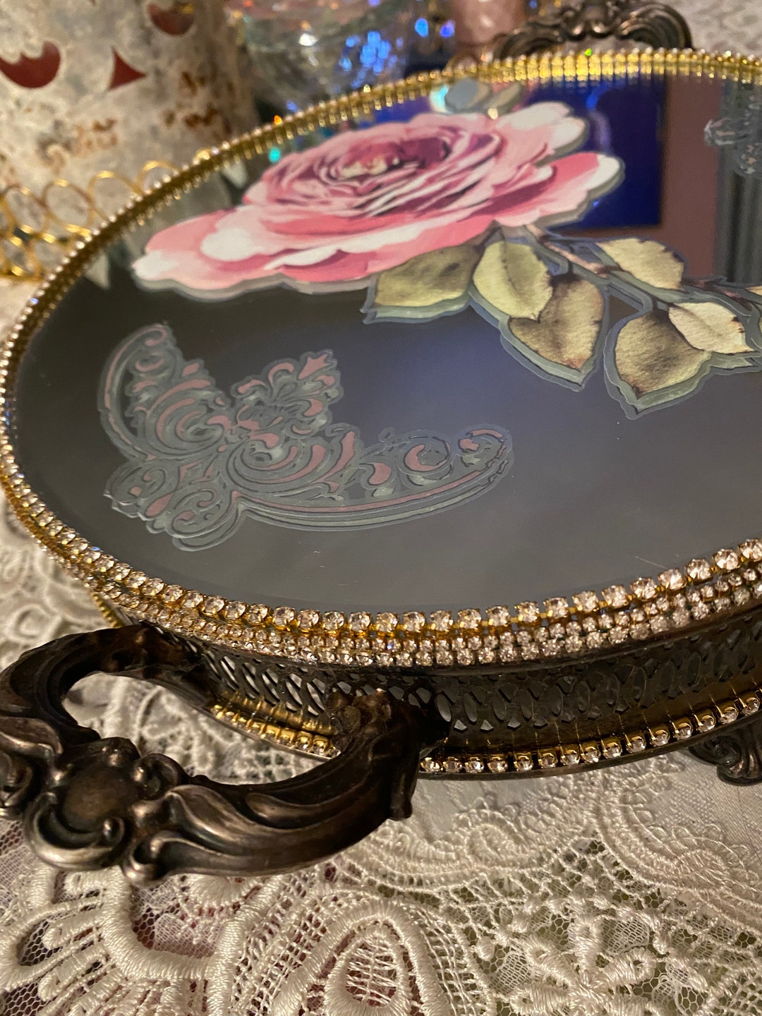 Raised Mirrored Vanity Tray, Metal Riser, Roses and Rhinestones Etsy