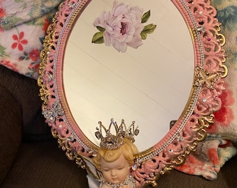 Sparkly shabby wall mirror, rhinestones, filigree metal frame, vintage angel. Gorgeous!