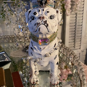 Large crowned Bulldog statue, rhinestone collar and a leash