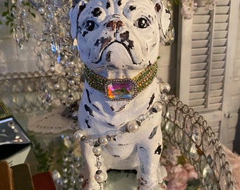 Large crowned Bulldog statue, rhinestone collar and a leash