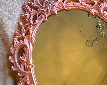A pink baroque wall mirror, vintage wall hanging, nursery wall decor