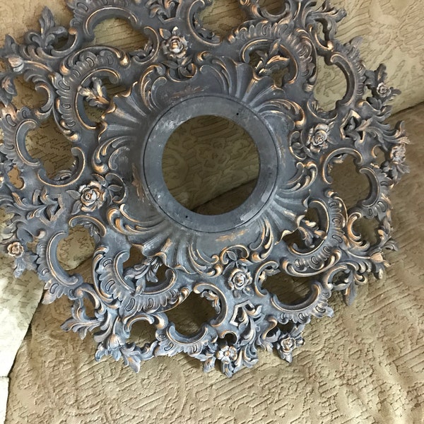 French Nordic 19" baroque charcoal grey ceiling medallion, gold highlights,dining, nursery