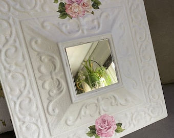 Large shabby mirror, white tin framed wall mirror,  pink roses