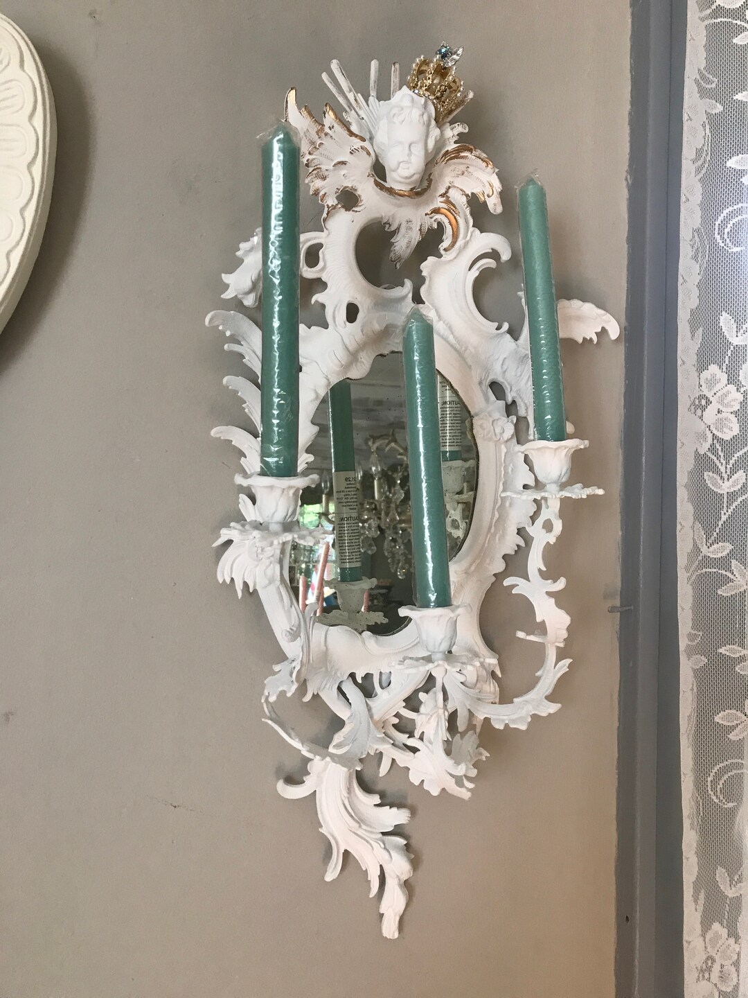 Antique Brass Cherub Wall Mirror Candle Holder, RARE Rococo, Baroque