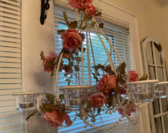 Pretty shabby candle votive chandelier, roses and pearls, wedding