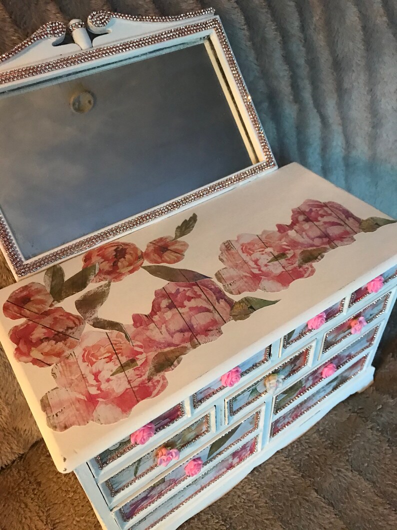 Large shabby vanity box with mirror jewelry box rhinestones Etsy