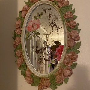 Shabby pink rose wall mirror, gorgeous hand painted, vintage mirror