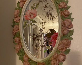 Shabby pink rose wall mirror, gorgeous hand painted, vintage mirror