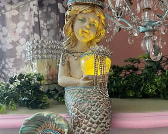Rhinestone Crowned sitting mermaid, solar ball, distressed, beach home decor.