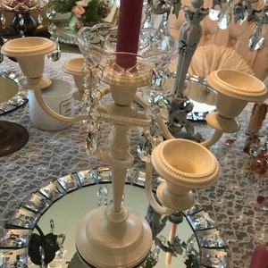 Shabby 5 candle candelabra, white ornate twist style candle holder and 1 crystal bobeche