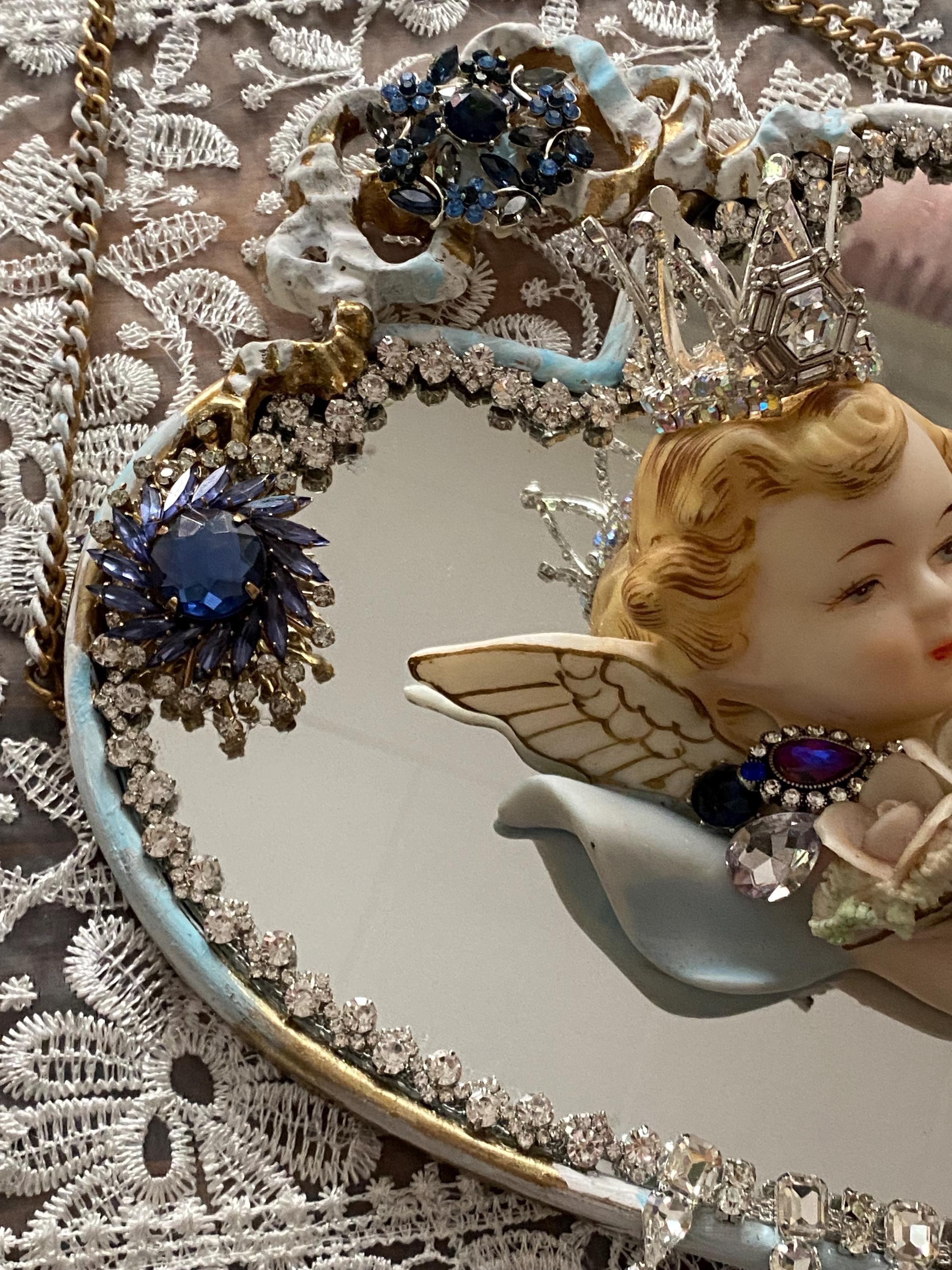Heart Shaped Mirror With a Vintage Crowned Norcrest Angel, Vintage