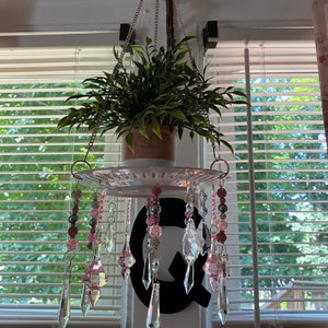 Hanging lace plate with crystals, plant hanger, candles, handmade crystal prisms