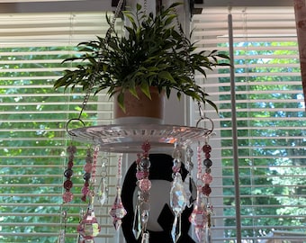 Hanging lace plate with crystals, plant hanger, candles, handmade crystal prisms