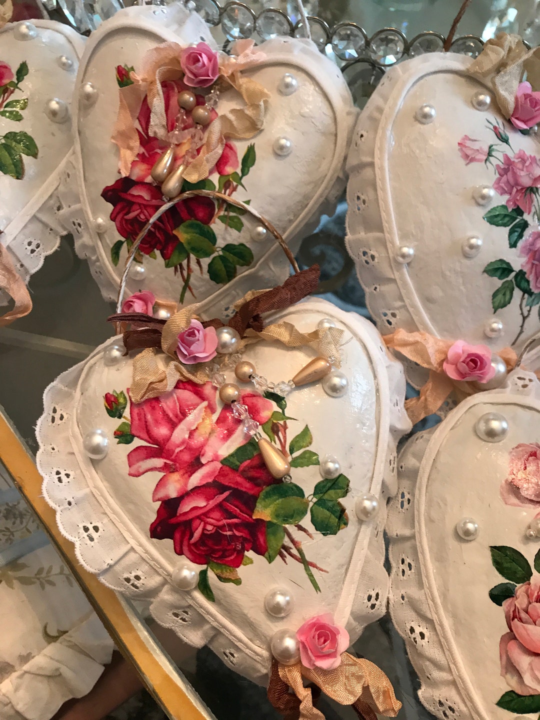 6 Large Shabby Ornaments, Roses, Lace, Pearls. BEAUTIFUL! by Shabbyhome ...