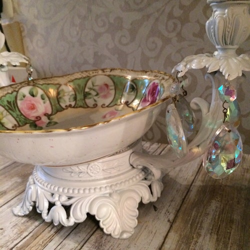 Shabby chic centerpiece, brass display with a large bowl center, crystal  prisms - Home Decor