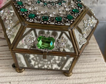 Vintage rhinestone jewelry box, green rhinestones, mirrored glass and brass display storage, Mother’s Day