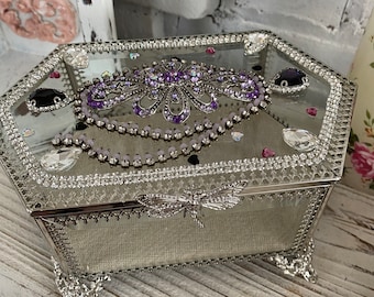 Silver rhinestone jewelry box, purple crystals, Morhers Day