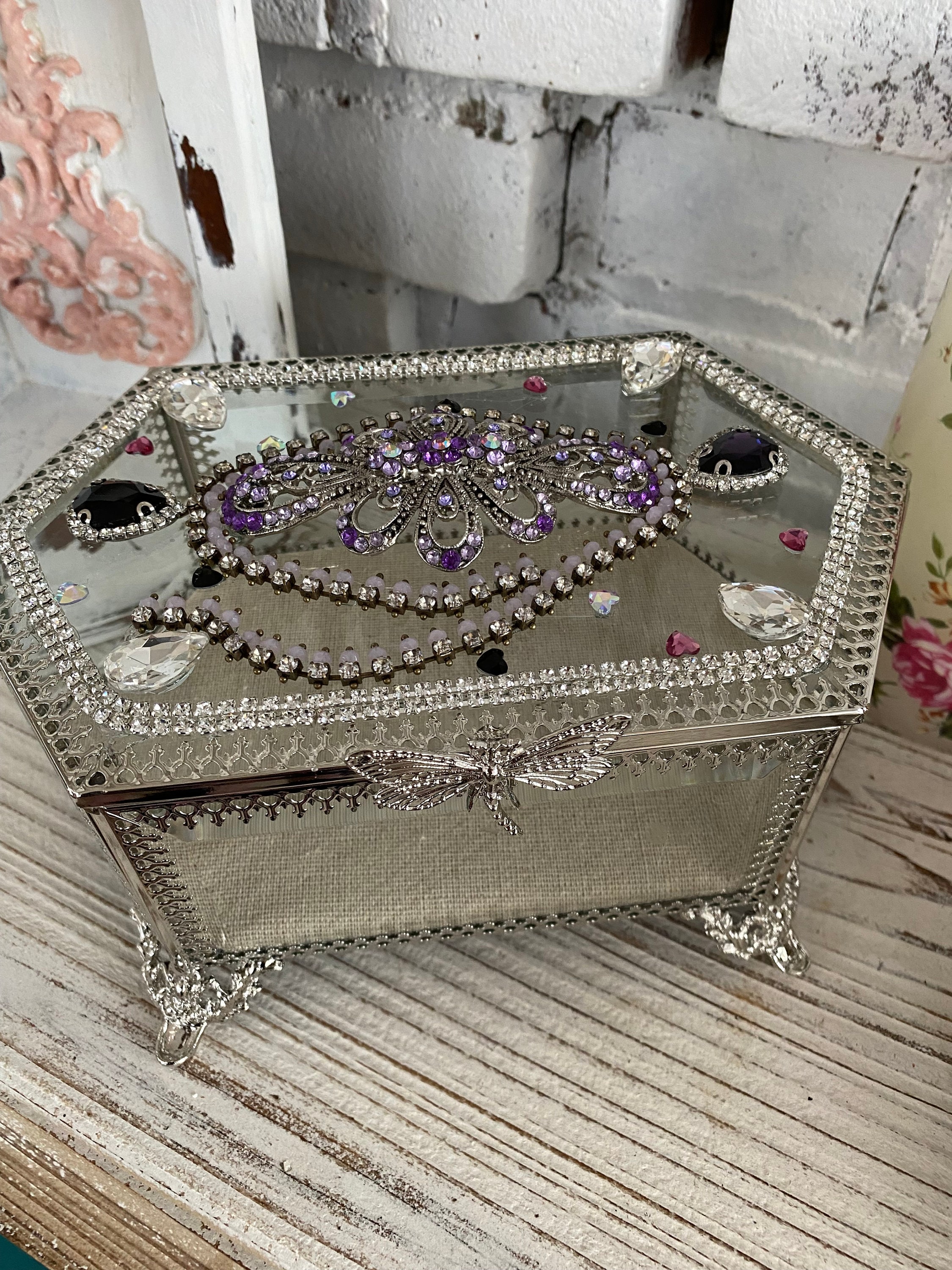 Silver rhinestone jewelry box, purple crystals, Morhers Day