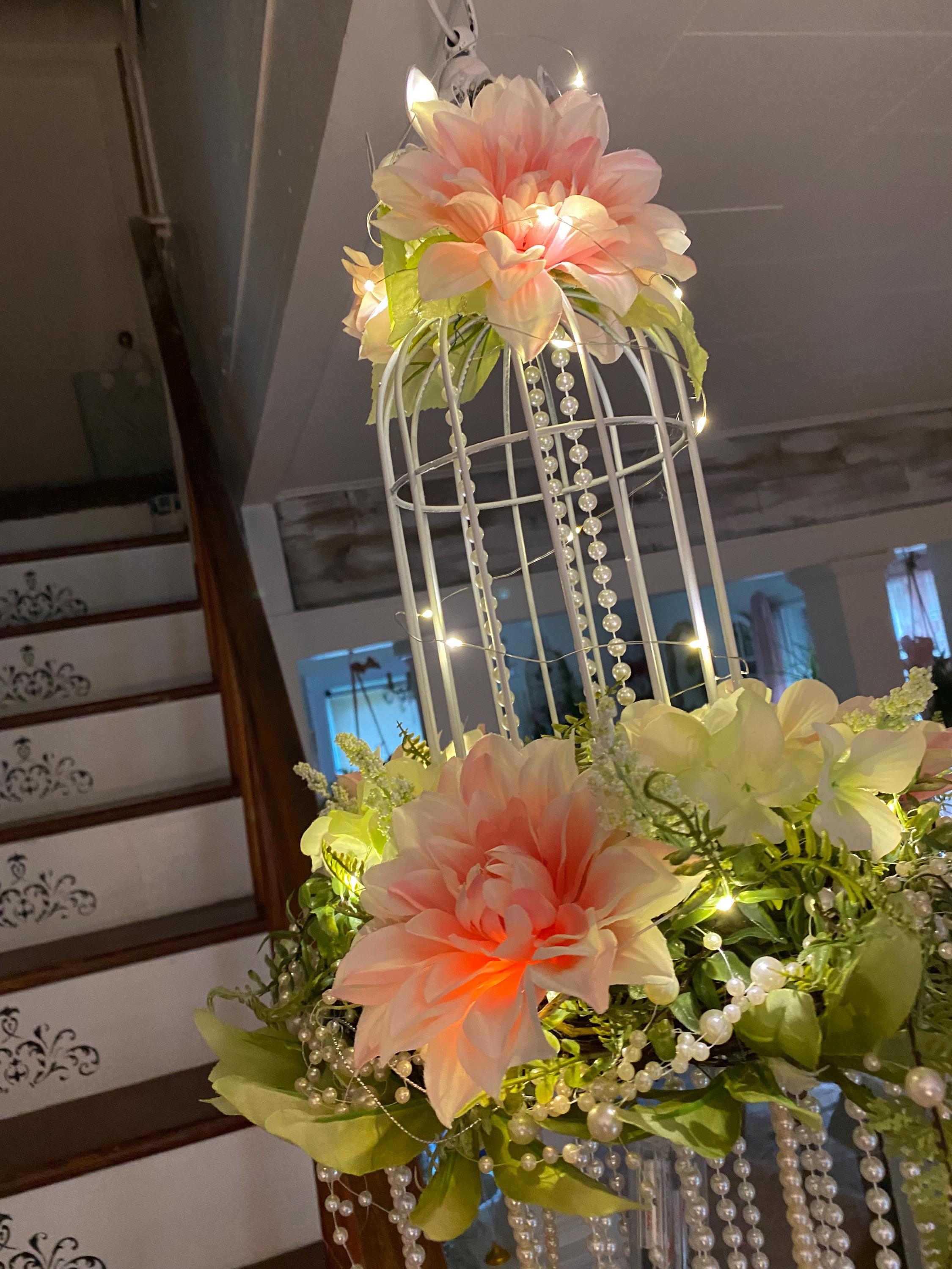 Shabby Chic Birdcage Chandelier: Pink Flowers & Pearl Lights - Etsy