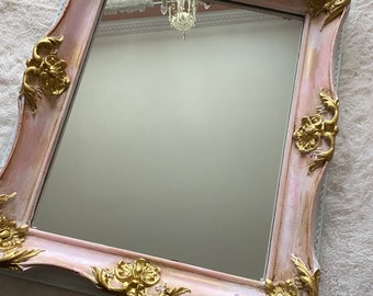 Large antique wood and gesso wall mirror, shabby pink wall hanging