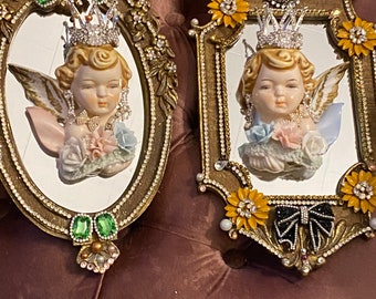 A pair of vintage Norcrest angels, gold vintage  mirrors, rhinestone wall hanging