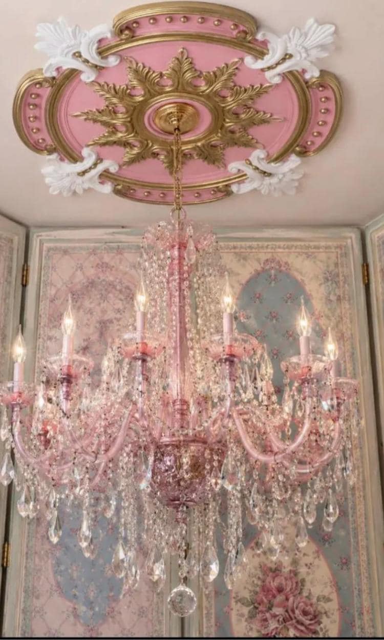 Hand-Painted Pink & Gold Ceiling Medallion - Shabby Chic Lighting Decor