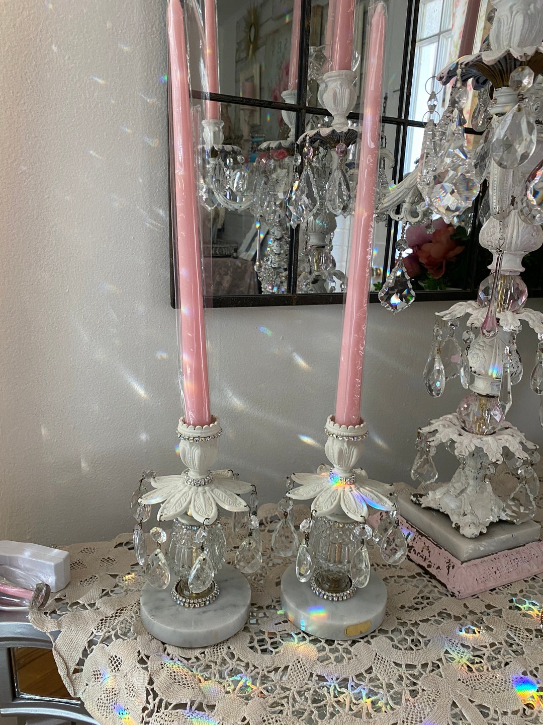 A Pair of Vintage Brass and Marble Candle Holders, Vintage Crystals
