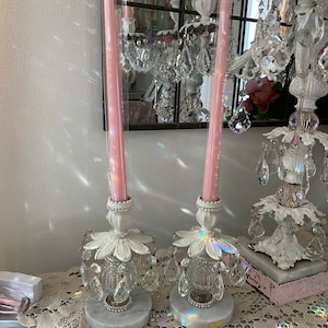 A pair of vintage brass and marble candle holders, vintage crystals, white chippy candles