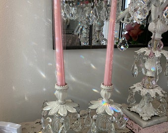 A pair of vintage brass and marble candle holders, vintage crystals, white chippy candles