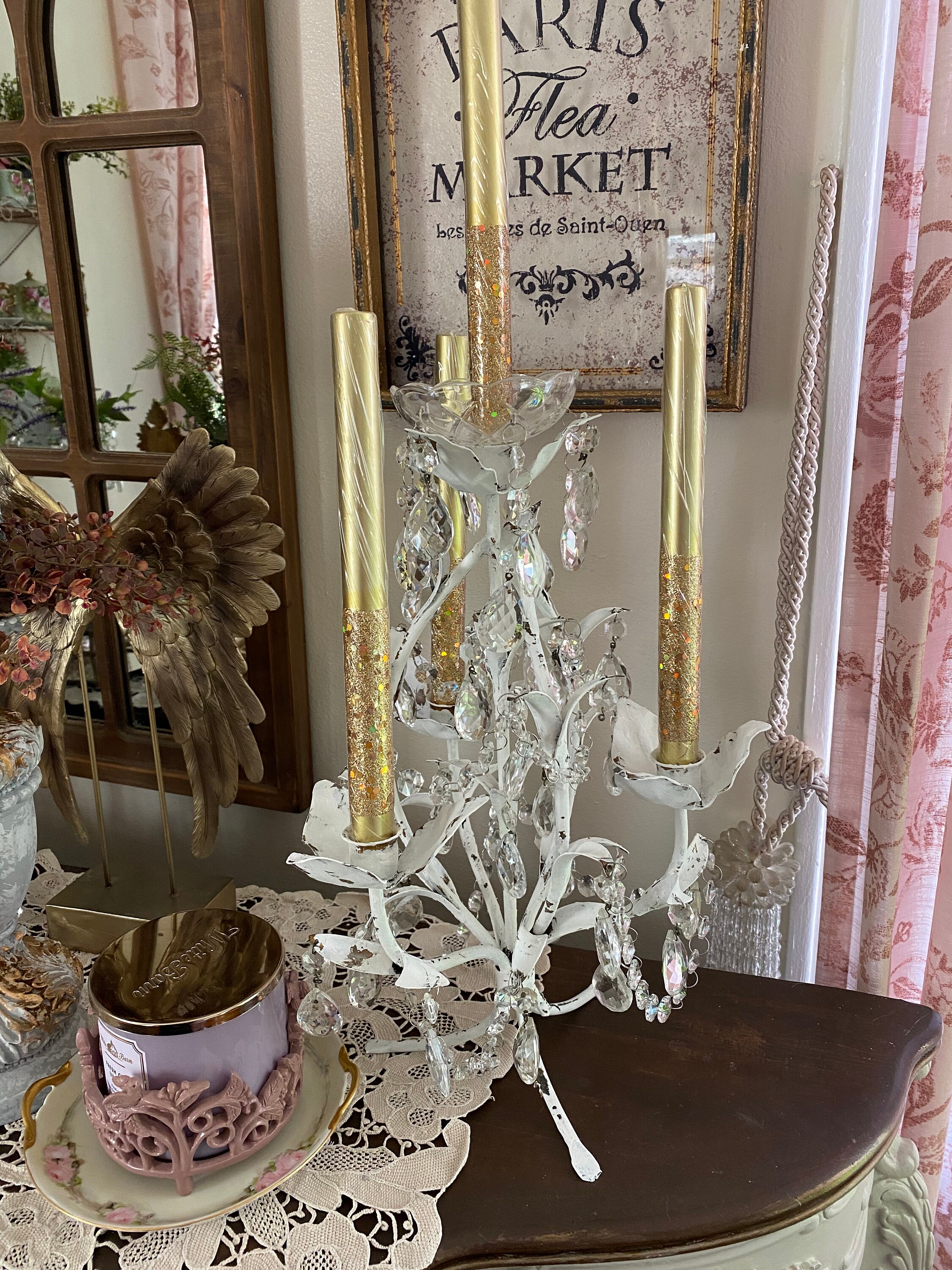 Candelabro Shabby Chic In Legno Rosa - Portacandele Vintage Per Tavolo, Casa E Feste - Foto 4