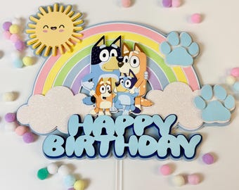 Dog Family Birthday Cake Topper, Rainbow Clouds Paw Prints