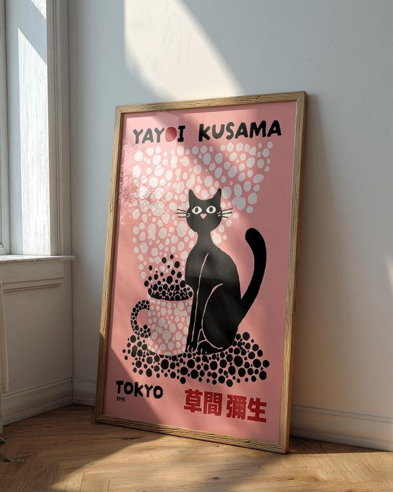 Yayoi Kusama Black and Pink Cat Poster | Japanese Cat Coffee Mug Art Print