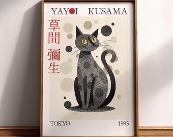 Yayoi Kusama Black Cat Art Print | Japanese Sleek Cat Poster