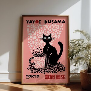 Yayoi Kusama Black and Pink Cat Poster | Japanese Cat Coffee Mug Art Print