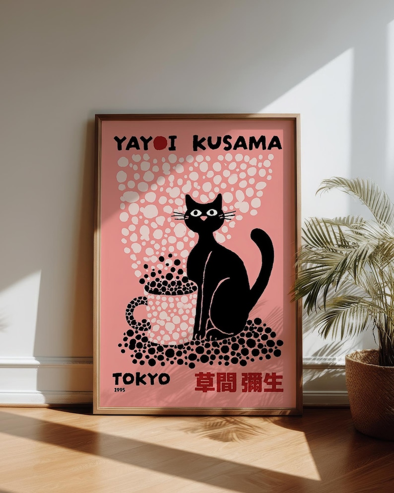 Yayoi Kusama Black and Pink Cat Poster | Japanese Cat Coffee Mug Art Print