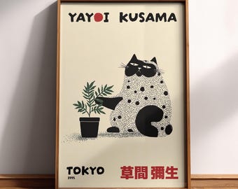 Yayoi Kusama Cat and Potted Plant Poster | Japanese Cat Art Print