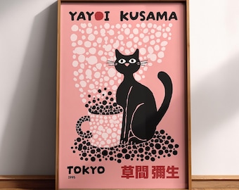 Yayoi Kusama Black and Pink Cat Poster | Japanese Cat Coffee Mug Art Print