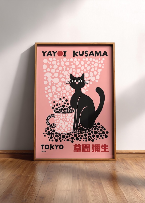 Yayoi Kusama Black and Pink Cat Poster | Japanese Cat Coffee Mug Art Print