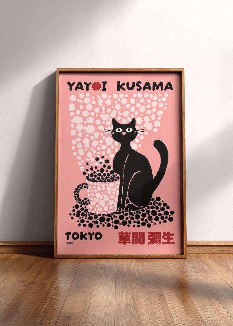 Yayoi Kusama Black and Pink Cat Poster | Japanese Cat Coffee Mug Art Print
