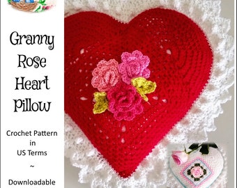 Granny Rose Heart Pillow | Crochet Pattern (Instant Download)