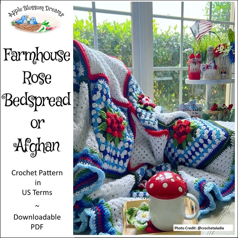 Farmhouse Rose Bedspread or Afghan Crochet Pattern Instant Download image 1