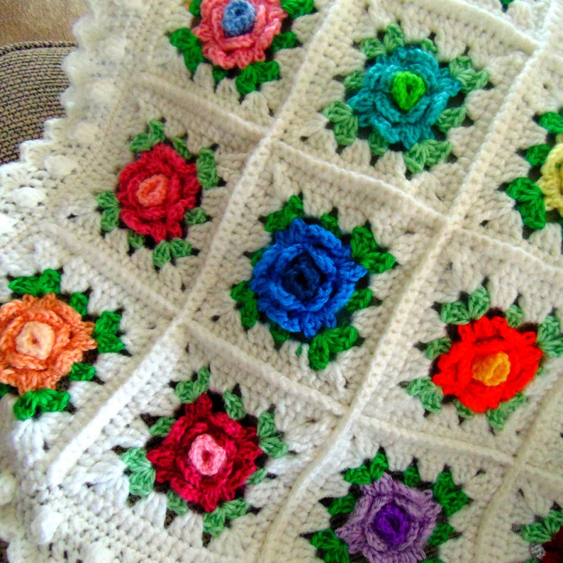 Granny Rose Afghan Two-Color Rose Crochet Pattern with Border Instant Download image 7