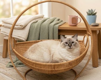 Rattan Cat Bed with Storage Tray | Cozy Rustic Pet Shelf