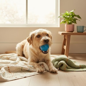 May include: A light brown dog with a blue ball in its mouth lies on a patterned blanket. A green knitted throw and a small wooden table with a potted plant and a mug are in the background. The dog is looking at the camera.