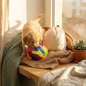 May include: A golden retriever puppy chews on a colorful, textured ball. A white drawstring bag and a potted succulent sit nearby on a wooden surface. The scene is illuminated by natural light from a window.