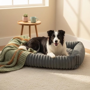 May include: A black and white Border Collie dog rests in a gray, corduroy dog bed. A green and orange striped blanket is draped over the bed. A small wooden side table holds a potted plant and a blue mug.