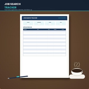 May include: A white job search tracker document with a dark blue header labeled JOB SEARCH TRACKER. It includes sections for applied, interviews, offers, and goals, plus an application log table with columns for company, role, date, resume, and status.