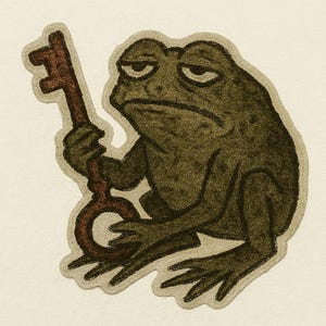May include: Illustration of a grumpy-looking frog holding a key. The frog is primarily brown and green with a beige outline. The key is a rusty brown color. The image has a vintage, hand-drawn aesthetic.