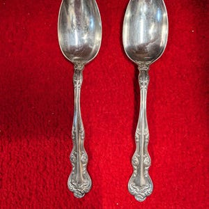 May include: Two silver-toned metal spoons featuring an ornate, embossed floral and scrollwork pattern along the handles. The spoons have oval-shaped bowls and a polished finish, displaying intricate detailing at the base and neck of each handle.