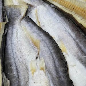 May include: Close-up of several dried fish, showcasing their gray and white flesh with yellow fins. The fish are arranged closely together, highlighting their texture and form. The image emphasizes the natural colors and details of the seafood.